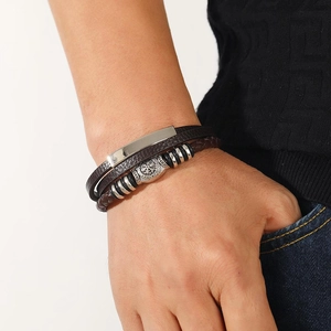 Multilayer braided leather bracelet for men with vintage magnetic compass alloy clasp