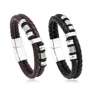 Set of 2 men's braided leather bracelets in black and brown with magnetic metal clasps