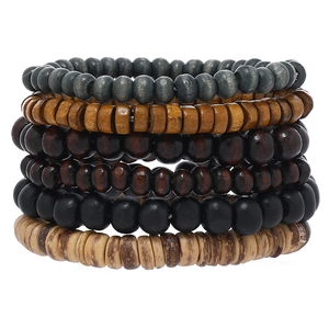 Handmade Multilayer Wood Beaded Bracelet Set For Men Women Bohemian Geometric Coconut Shell Elastic Bracelet Retro Jewelry
