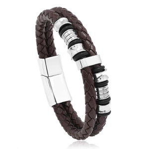 Men's double-layered brown woven leather bracelet with silver metal beads and magnetic clasp