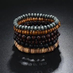 Five-piece multilayer wooden beaded bracelet set in earthy tones and ethnic retro style