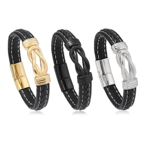 Braided black leather bracelets for men with gold, silver and black metal knot charms
