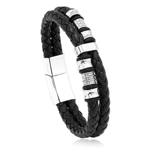 Men's double-strand braided black leather bracelet with silver metal rings and magnetic clasp