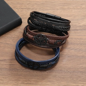 Men's multilayer braided leather bracelet with peace sign charm and magnetic buckle
