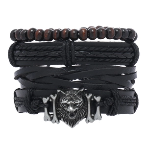 Bracelet pour Homme en Cuir de Vachette Tressé Vintage Avec Tête de Lion en Alliage Perles en Bois Réglable Style Punk