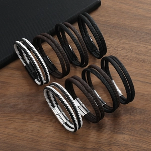 Retro Double Layer Artificial Leather Braided Bracelet For Men Zinc Alloy Magnetic Clasp Geometric Hand Woven Wristband