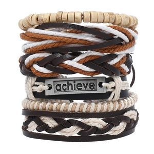 Vintage Men Braided Synthetic Leather Bracelet Set With Achieve Metal Plate Wood Beads Cotton Rope Multi Layer Adjustable Wristband