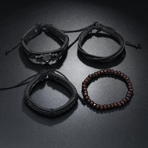 Lot de 4 bracelets vintage pour homme en cuir avec tête de loup en métal et perles