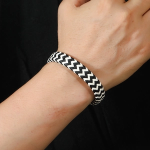 Men minimalist woven leather bracelet with black and white wave pattern and magnetic clasp