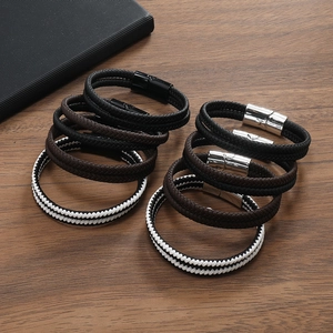 Retro double-layer braided leather bracelet with magnetic metal clasp for men
