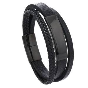 Men's multi-layer black braided leather bracelet with magnetic steel clasp