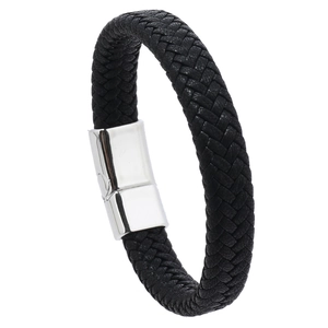 Minimalist black braided leather bracelet for men featuring a silver magnetic alloy clasp