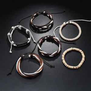 Retro multi-layer woven leather bracelet set with achieve metal plate for men