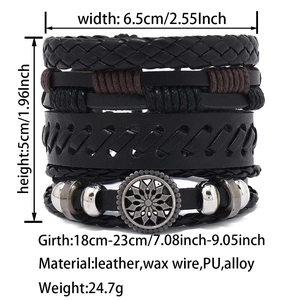 Detail of multi-layer woven leather bracelet with mandala charm and alloy beads