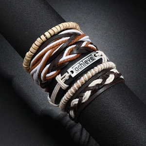 Vintage braided leather bracelet set for men with engraved Achieve metal plate