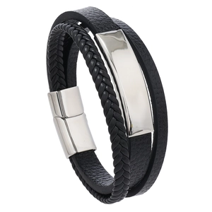 Men's multi-layer black braided leather bracelet with stainless steel magnetic clasp