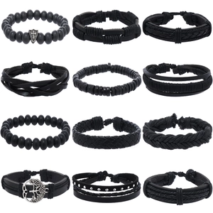 Retro Men Black Leather Braided Bracelet Tree Of Life Shield Cross Metal Charm Wood Bead Multilayer Punk Gothic Cord Jewelry
