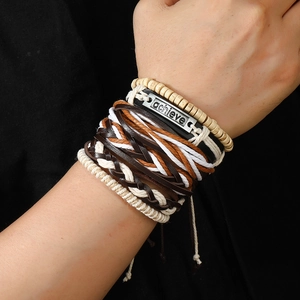 Retro multi-layer braided leather bracelet set with metallic achieve nameplate for men