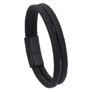 Vintage double-layer black braided leather bracelet with a sleek magnetic buckle clasp