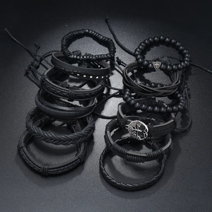 12-piece set of black multilayer braided leather bracelets with tree of life and cross charms