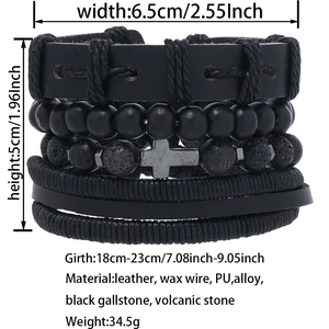 Detail showing dimensions and layered textures of the men's braided leather cross bracelet