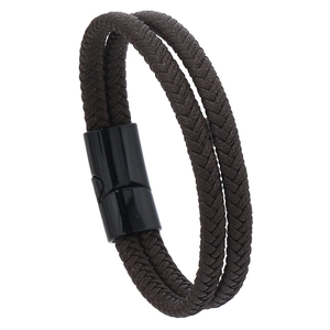 Double-layer braided brown leather bracelet with black magnetic clasp for men