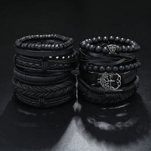 12Pcs set of multi-layer black braided leather bracelets with tree of life and cross charms