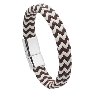 Minimalist brown and white braided leather bracelet with square silver magnetic clasp
