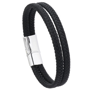 Detail of double-strand black braided leather bracelet with silver magnetic metal clasp