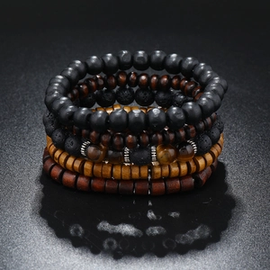 Natural tiger eye and black lava stone multi-layer beaded bracelet set for men