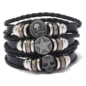 Men's Vintage Punk Skull Star Multi-layer Woven Leather Bracelet Handmade Gothic Alloy Charm Adjustable Wristband Jewelry