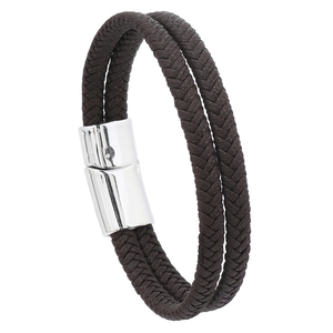 Detail of dark brown double-layer braided leather bracelet with silver magnetic buckle
