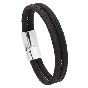 Detail of double-layer woven leather bracelet with silver magnetic cylinder clasp