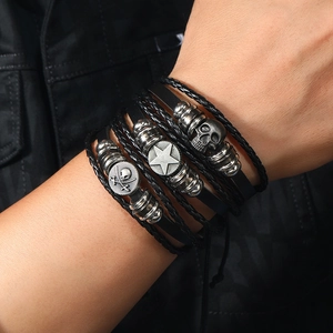 Men's punk multilayer leather bracelet set with skull charms and braided rope