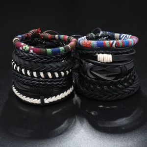 12-piece bohemian leather woven bracelet set for men with ethnic multilayer patterns