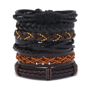 Vintage Multilayer Leather Bracelet Set For Men Handcrafted Cowhide Wax Cord Alloy Wood Beads Bohemian Punk Jewelry Gift