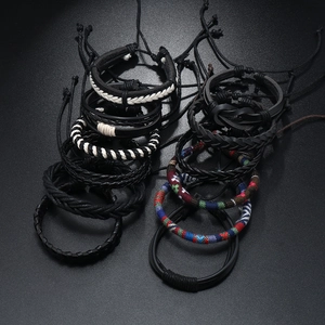 12-piece men's leather woven bracelet set with bohemian punk adjustable braided wristbands