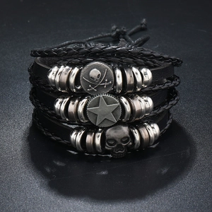 Punk style multi-layer skull and pentagram leather bracelet set with vintage silver alloy