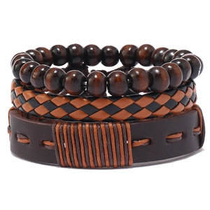 Set de 3 bracelets rétro pour hommes avec cuir tressé, perles en bois et cordons vintage
