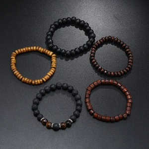 Five-piece multilayer set of men's beaded bracelets with tiger eye and lava stone