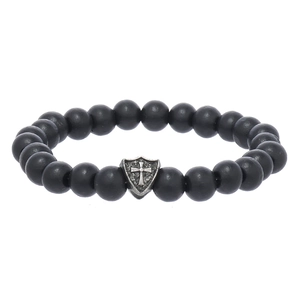 Detail of matte black beaded bracelet featuring an antique silver cross shield charm