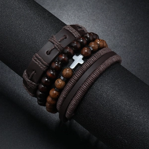 Men's multilayer leather bracelet set with wooden beads and stainless steel cross charm