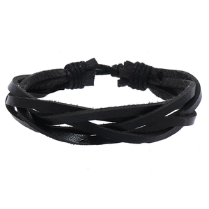 Detail of multi-layer braided black leather bracelet with adjustable knotted rope closure