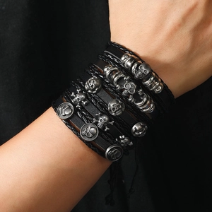Men's punk skull multi-layer leather bracelet set with woven straps and silver studs