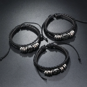 Three-piece black punk leather bracelet set with skull and star charms for men