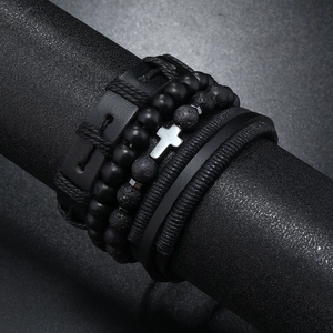 Men's multi-layer black leather wrap bracelet set with lava stone beads and silver cross
