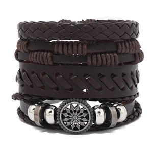 Men's multilayer braided leather bracelet set with vintage sunburst metal pendant