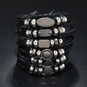 Set of 6 vintage black multilayer leather bracelets with silver geometric metal accents