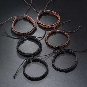 Men's 6-piece vintage woven leather bracelet set in black and brown with adjustable cords