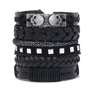 Set de bracelets punk en cuir pour homme avec tête de mort et tresses noires multicouches